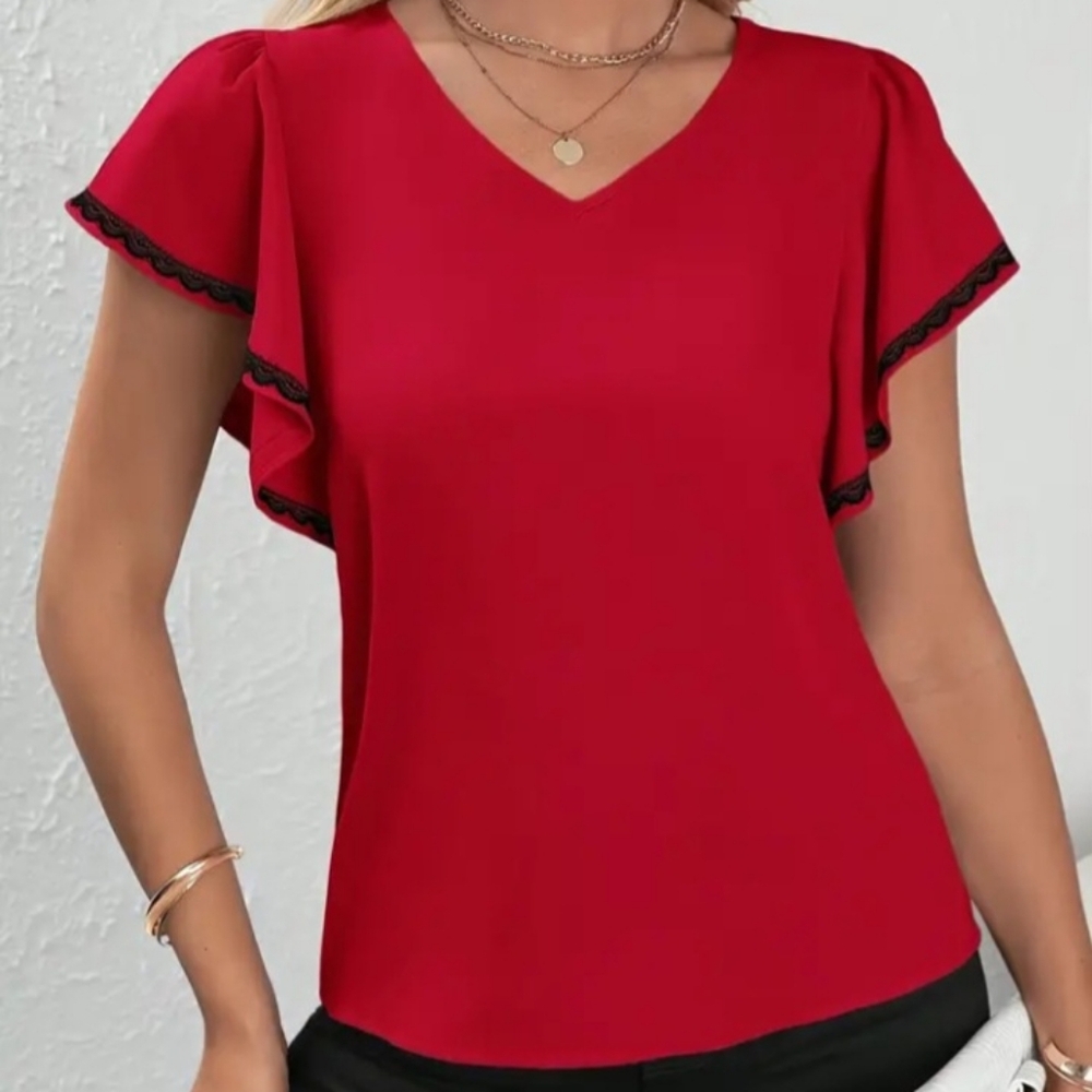 Elegant Red Flutter Sleeve Top